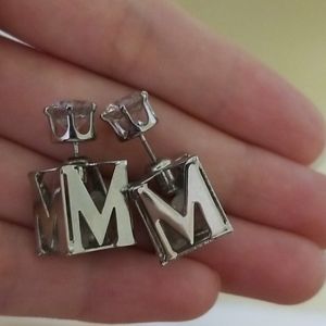 "M" Letter Cube Studs Silver Crystal Earrings